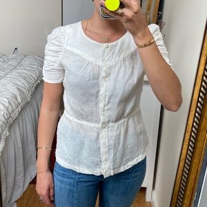 Anthropologie white linen puff sleeve button down